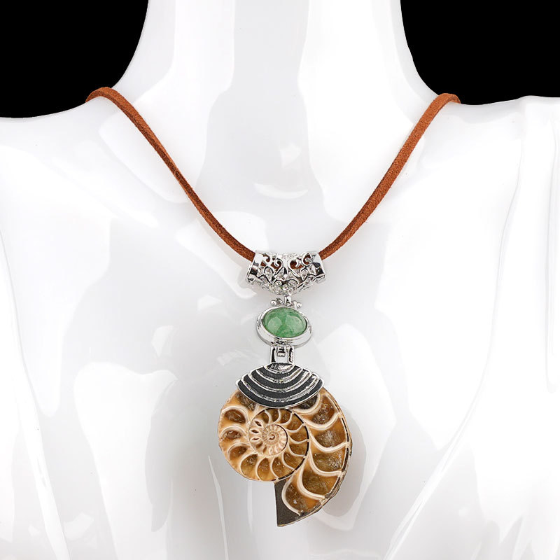 Ammonite Pendant with 8MM Gemstone Cabs Necklace Adjustable brown Rope