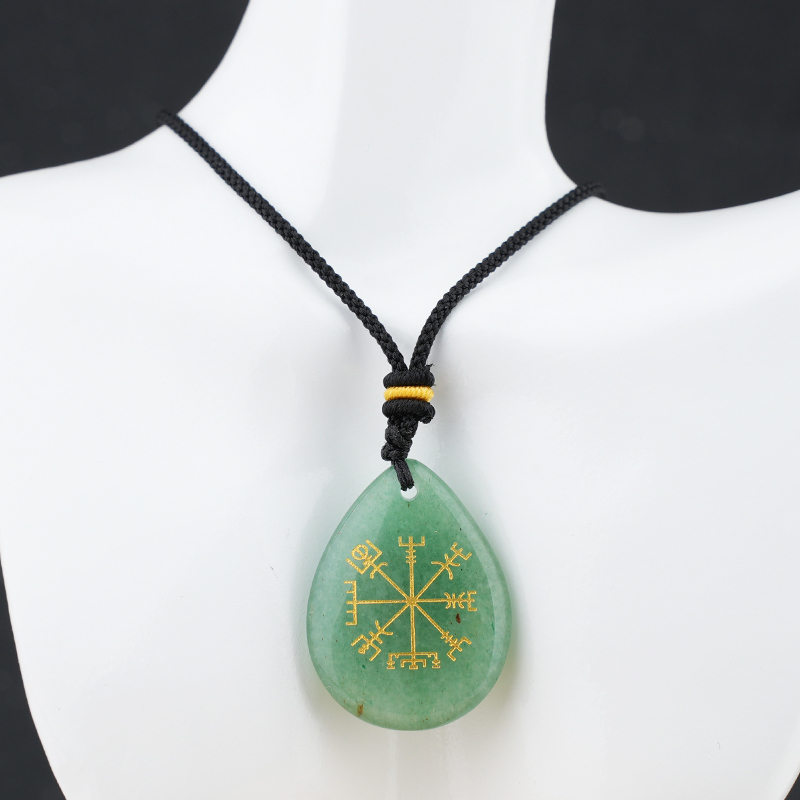 Gold Directional Sign & Aim Teardrop Gemstone Pendant Necklace Adjustable Black Rope