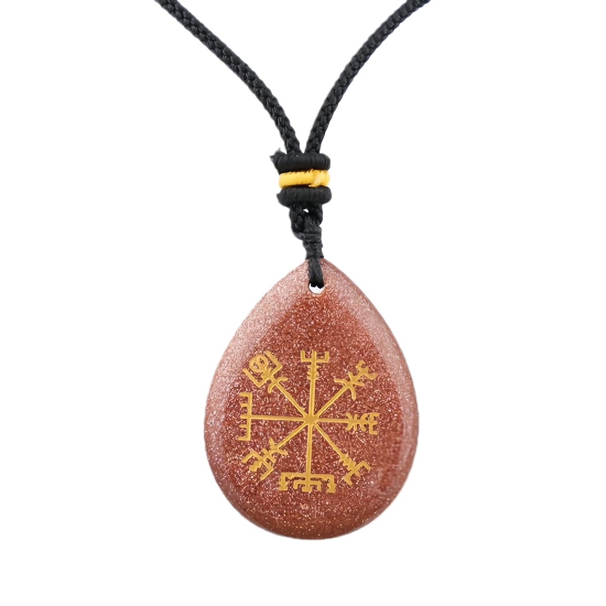 Gold Directional Sign & Aim Teardrop Gemstone Pendant Necklace Adjustable Black Rope