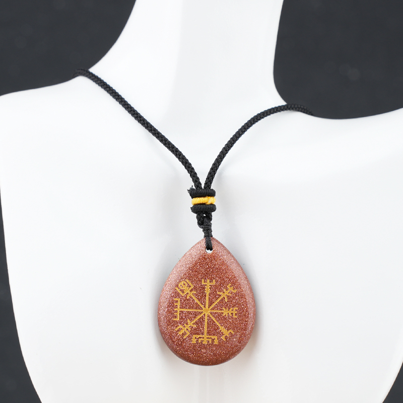 Gold Directional Sign & Aim Teardrop Gemstone Pendant Necklace Adjustable Black Rope