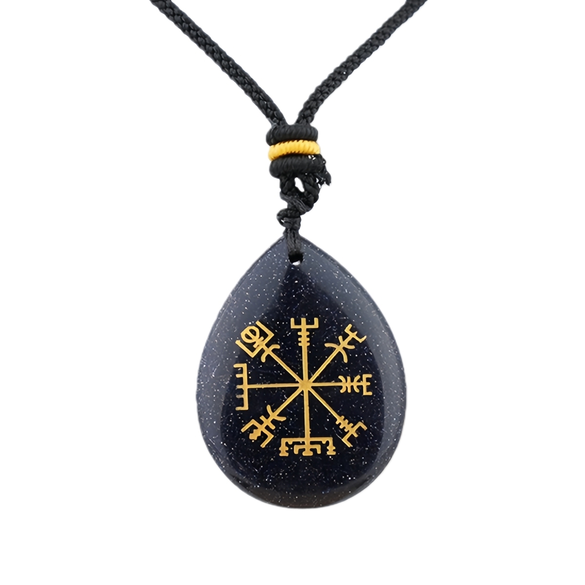 Gold Directional Sign & Aim Teardrop Gemstone Pendant Necklace Adjustable Black Rope