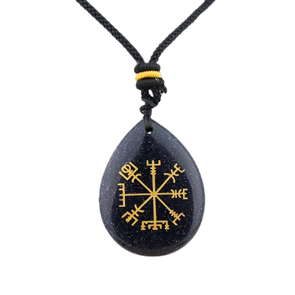 Gold Directional Sign & Aim Teardrop Gemstone Pendant Necklace Adjustable Black Rope