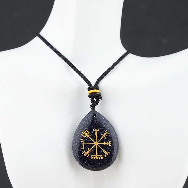 Gold Directional Sign & Aim Teardrop Gemstone Pendant Necklace Adjustable Black Rope