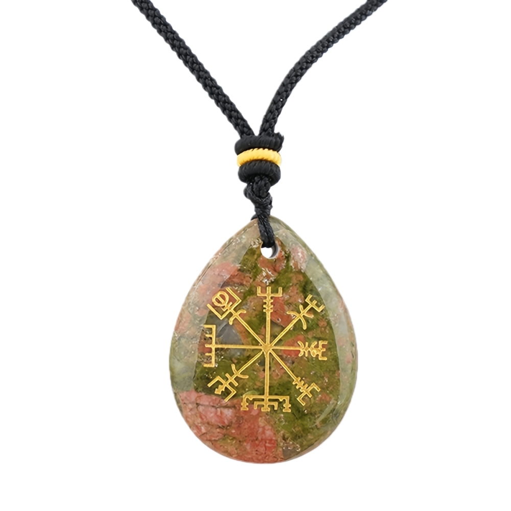 Gold Directional Sign & Aim Teardrop Gemstone Pendant Necklace Adjustable Black Rope