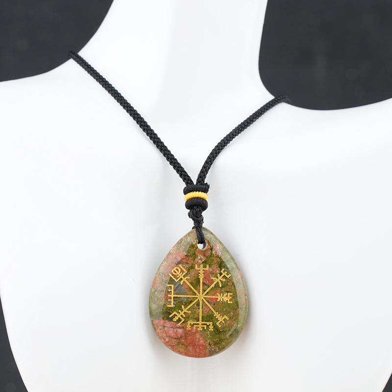 Gold Directional Sign & Aim Teardrop Gemstone Pendant Necklace Adjustable Black Rope