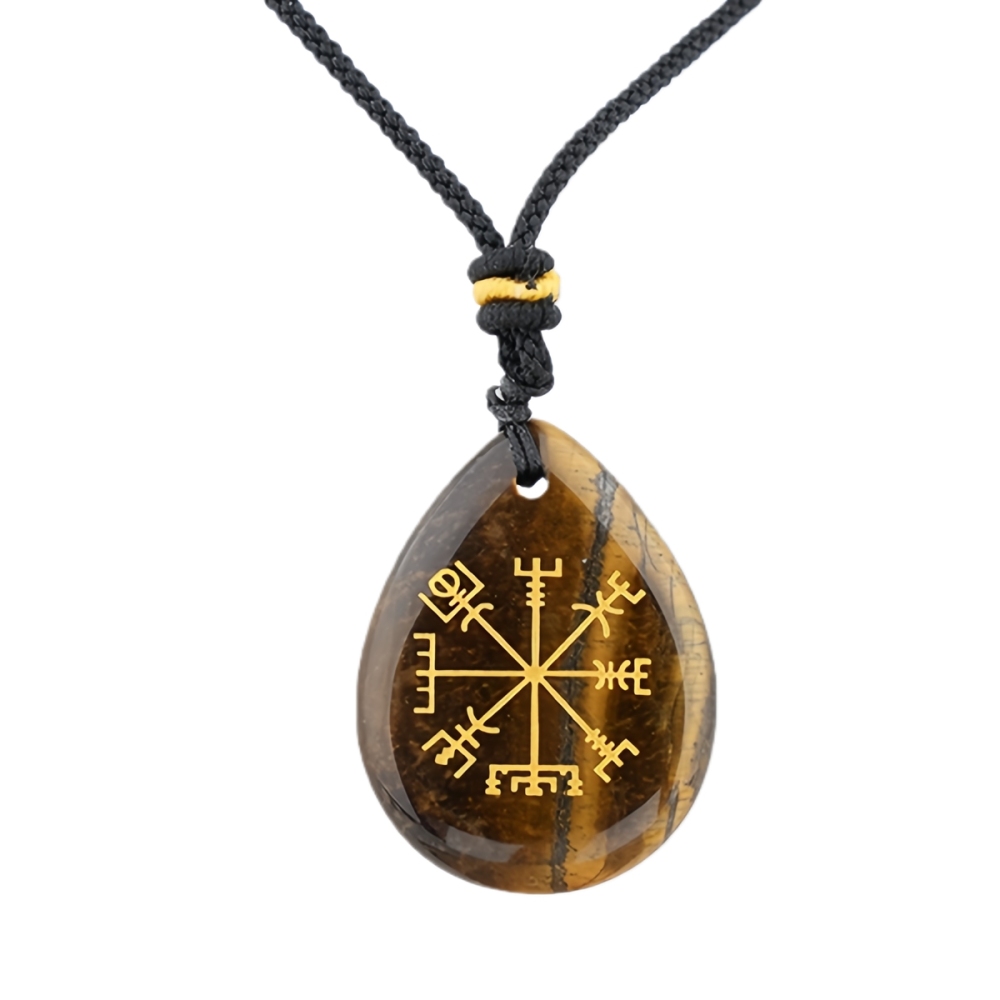 Gold Directional Sign & Aim Teardrop Gemstone Pendant Necklace Adjustable Black Rope