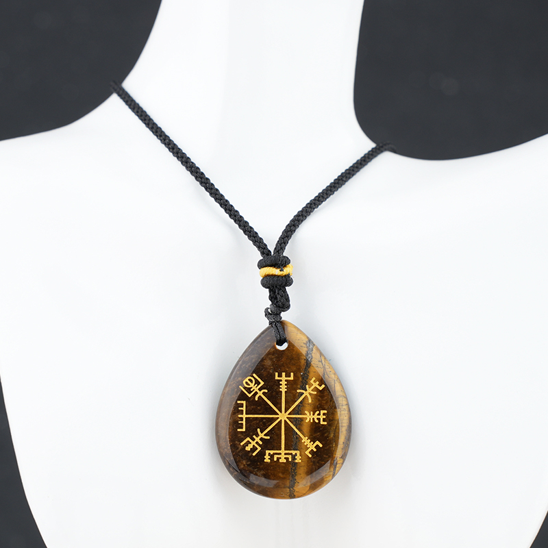 Gold Directional Sign & Aim Teardrop Gemstone Pendant Necklace Adjustable Black Rope