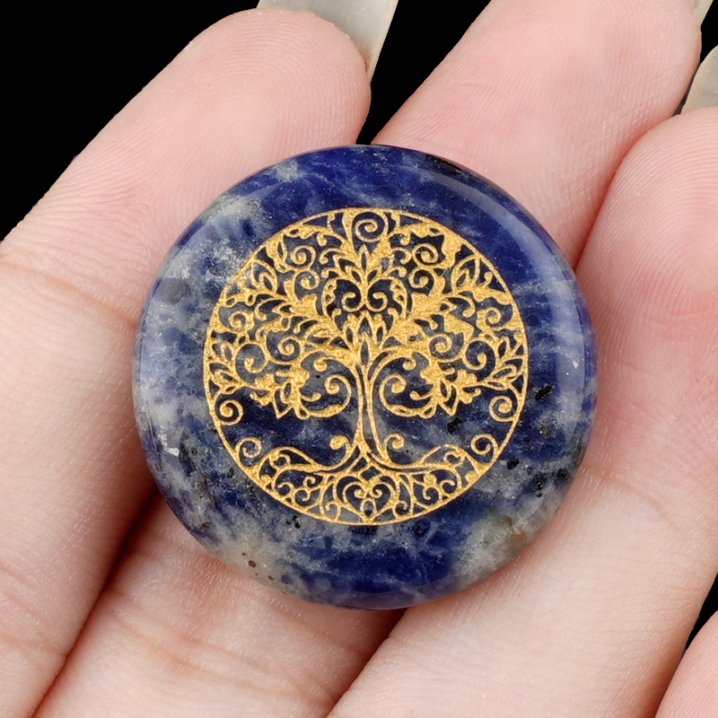Gemstone 25MM Circular Disc Ornament Handmade Craved Pattern-Life of Tree For Home Decor