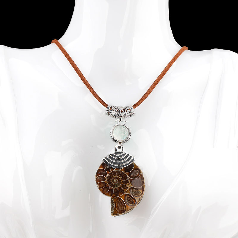Ammonite Pendant with 8MM Gemstone Cabs Necklace Adjustable brown Rope