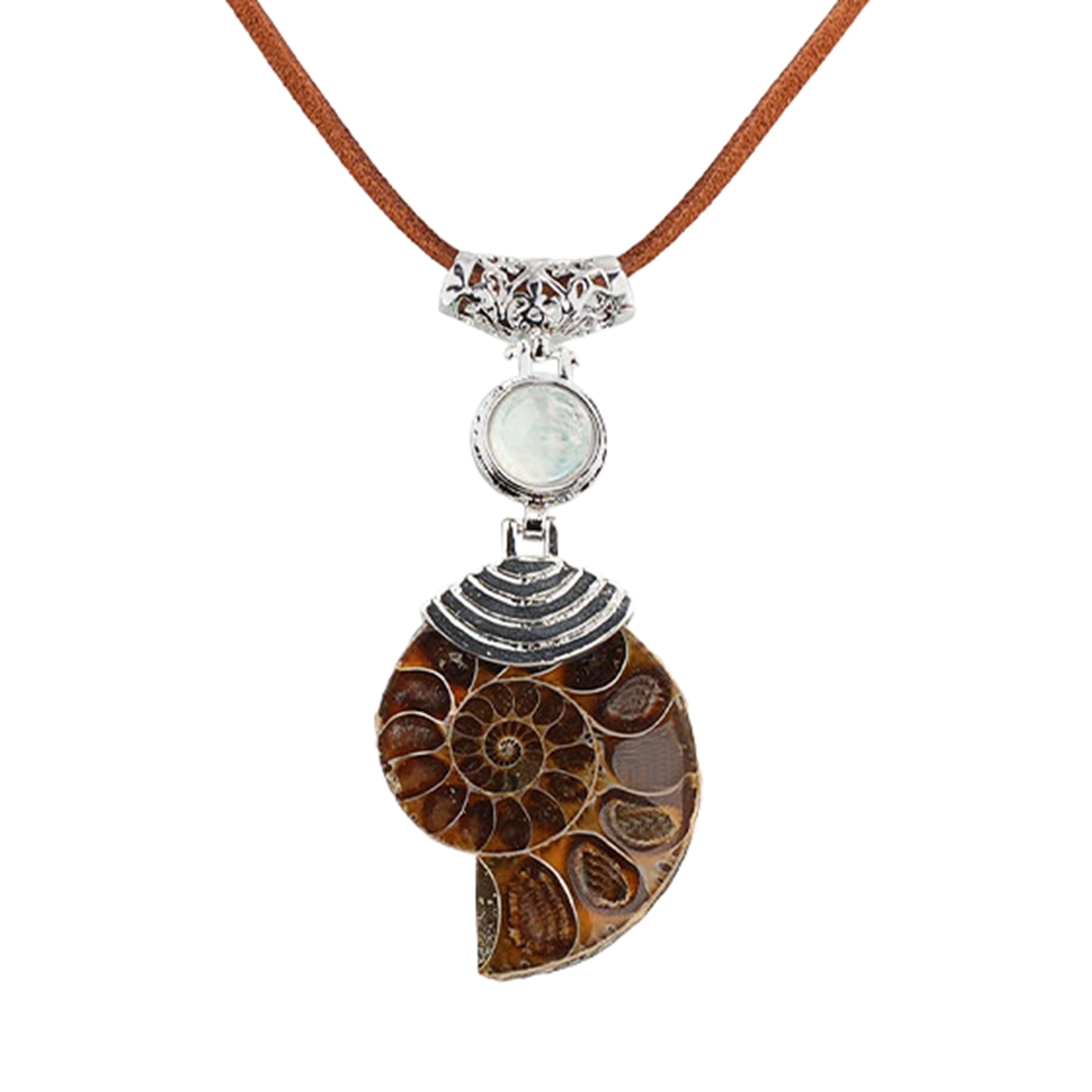 Ammonite Pendant with 8MM Gemstone Cabs Necklace Adjustable brown Rope