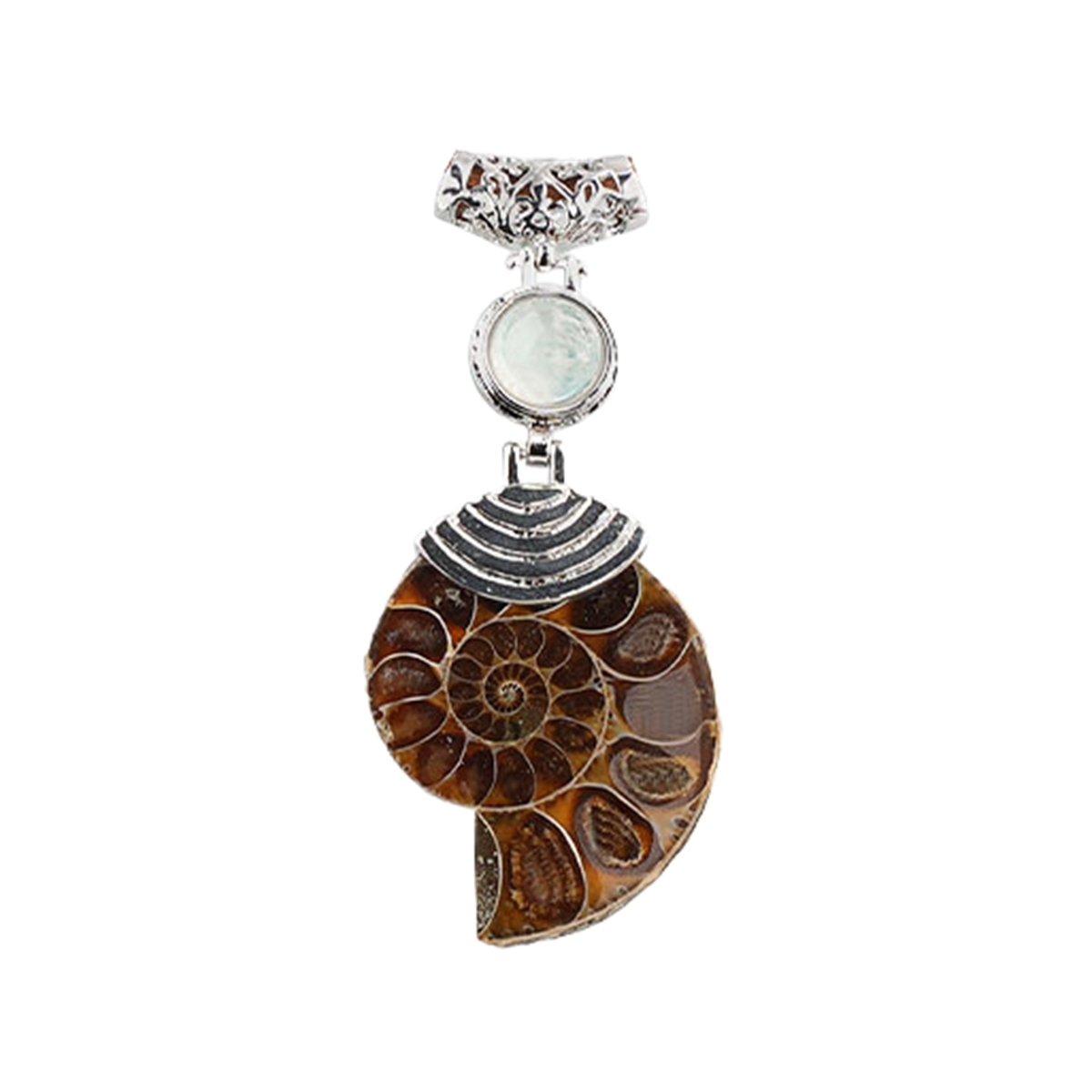 Ammonite Pendant with 8MM Gemstone Cabs Necklace Adjustable brown Rope