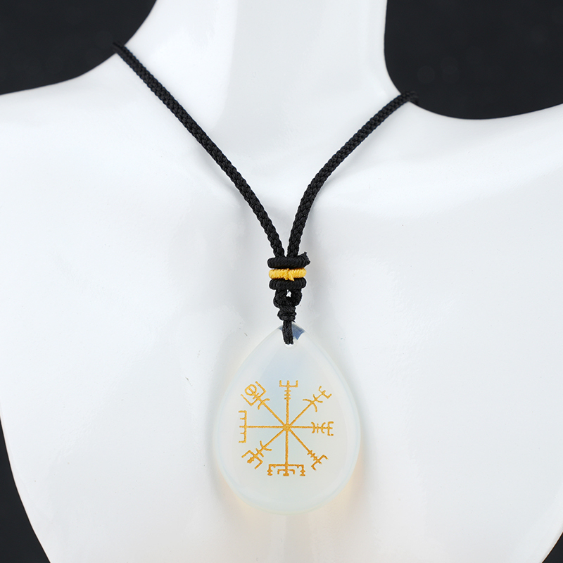 Gold Directional Sign & Aim Teardrop Gemstone Pendant Necklace Adjustable Black Rope