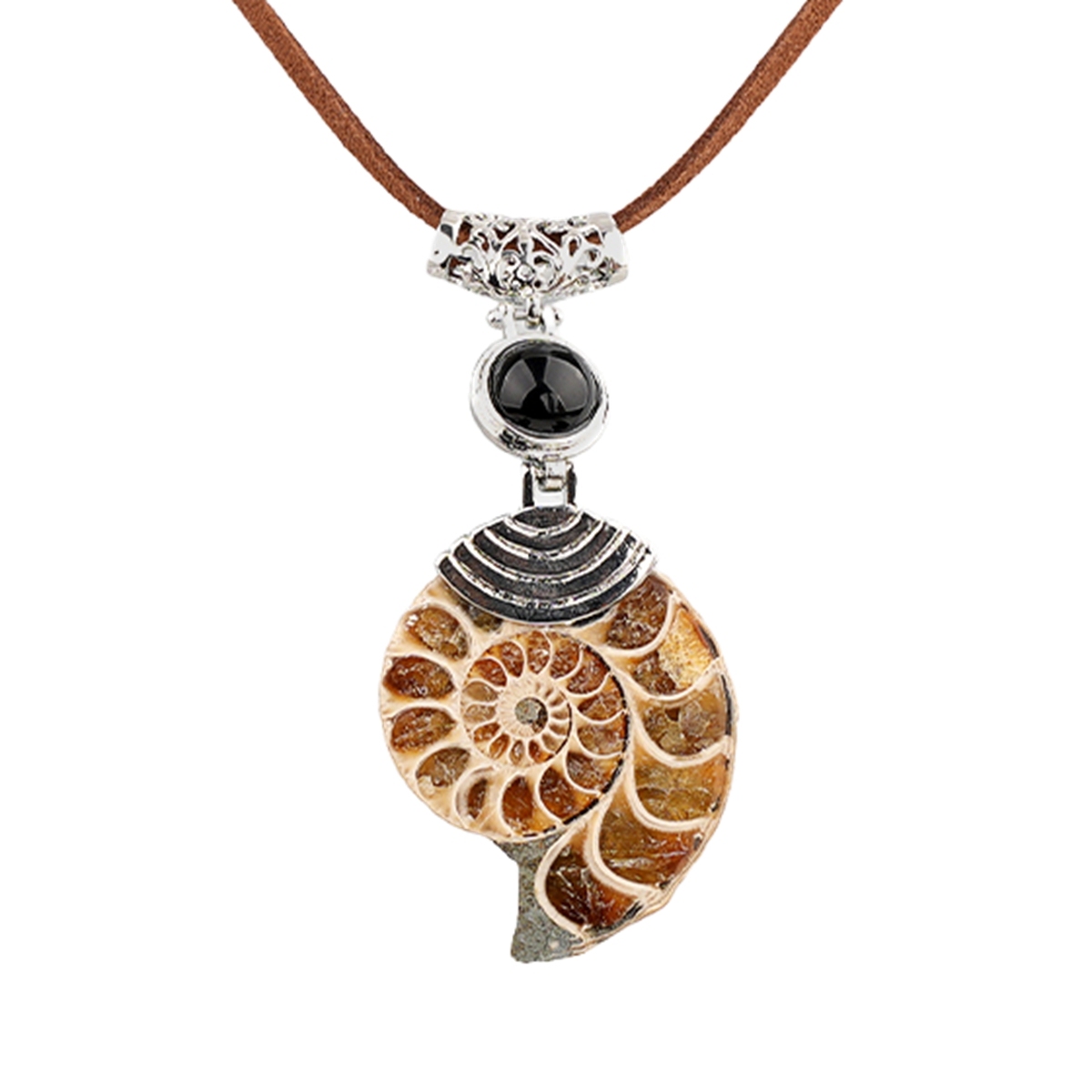 Ammonite Pendant with 8MM Gemstone Cabs Necklace Adjustable brown Rope