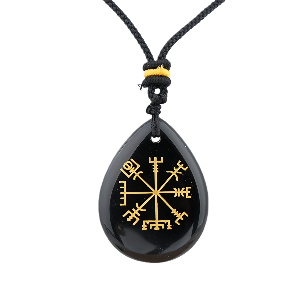 Gold Directional Sign & Aim Teardrop Gemstone Pendant Necklace Adjustable Black Rope