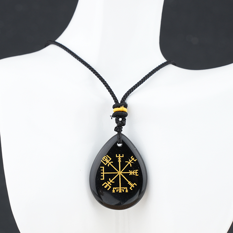 Gold Directional Sign & Aim Teardrop Gemstone Pendant Necklace Adjustable Black Rope