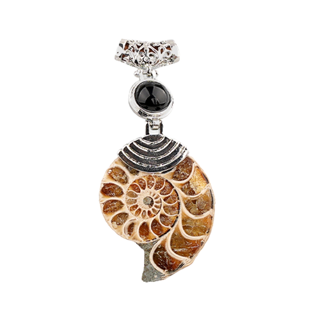 Ammonite Pendant with 8MM Gemstone Cabs Necklace Adjustable brown Rope