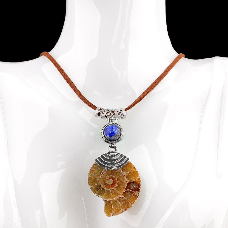 Ammonite Pendant with 8MM Gemstone Cabs Necklace Adjustable brown Rope