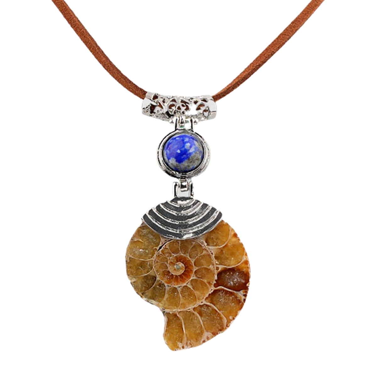 Ammonite Pendant with 8MM Gemstone Cabs Necklace Adjustable brown Rope