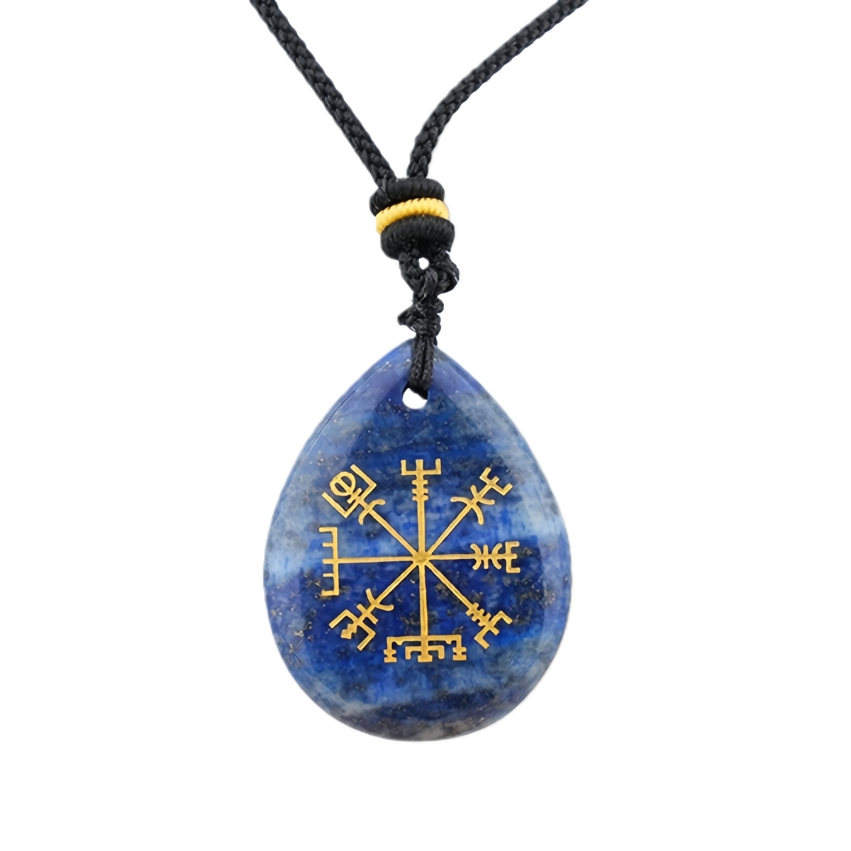 Gold Directional Sign & Aim Teardrop Gemstone Pendant Necklace Adjustable Black Rope