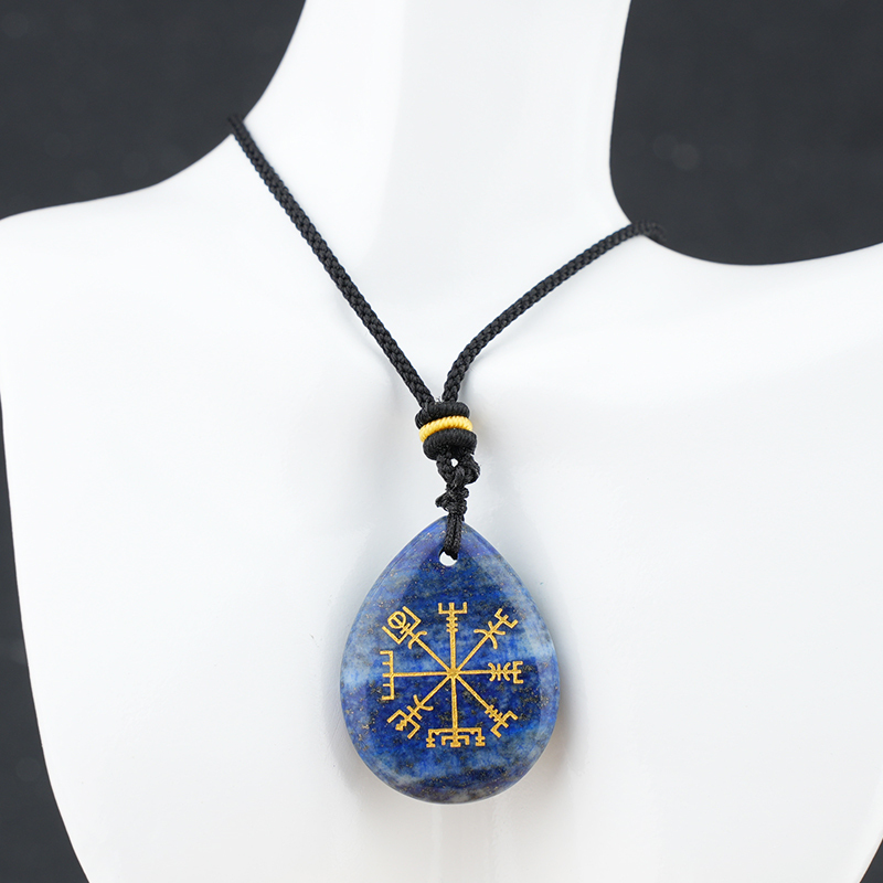 Gold Directional Sign & Aim Teardrop Gemstone Pendant Necklace Adjustable Black Rope