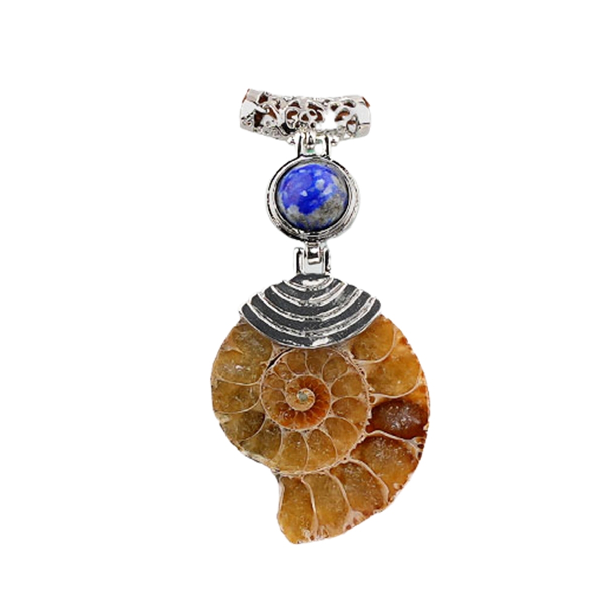 Ammonite Pendant with 8MM Gemstone Cabs Necklace Adjustable brown Rope