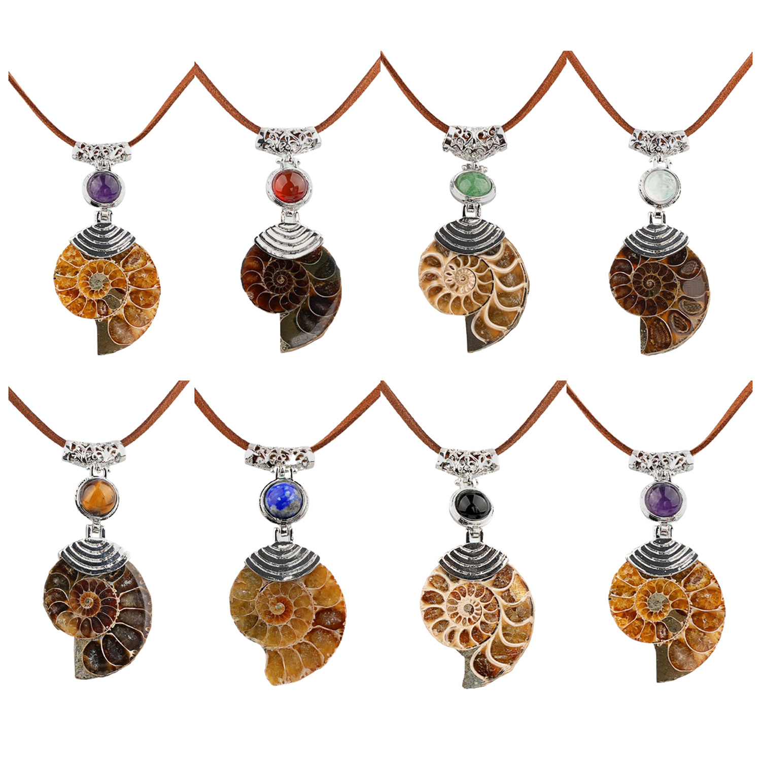 Ammonite Pendant with 8MM Gemstone Cabs for Making Jewelry