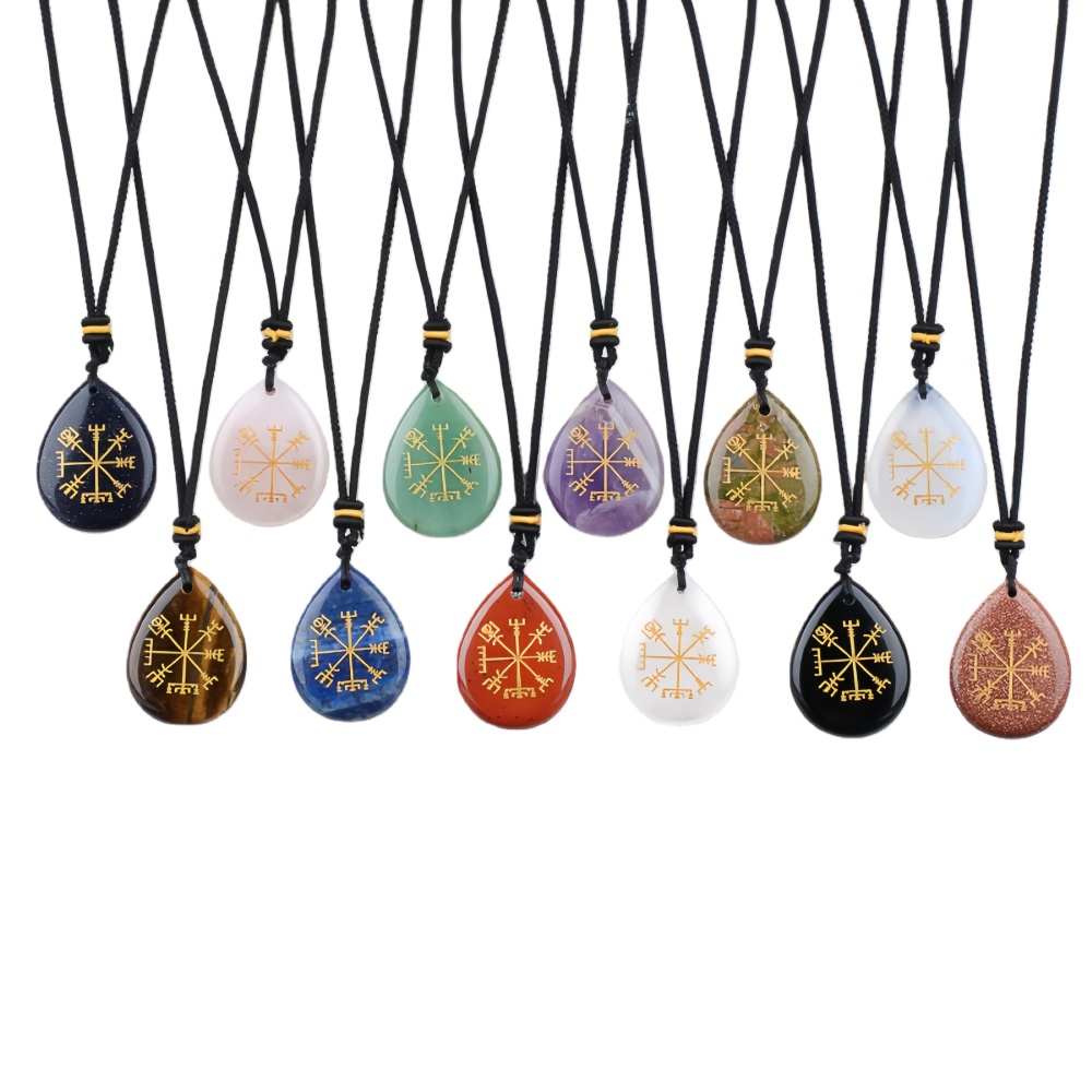 Gold Directional Sign & Aim Teardrop Gemstone Pendant Necklace Adjustable Black Rope