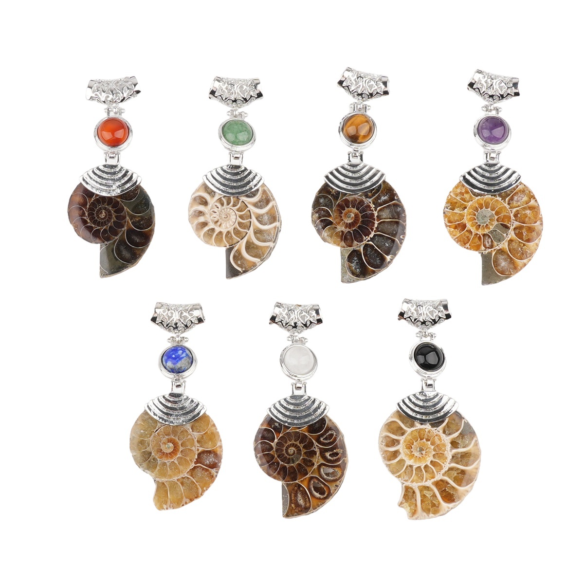 Ammonite Pendant with 8MM Gemstone Cabs for Making Jewelry