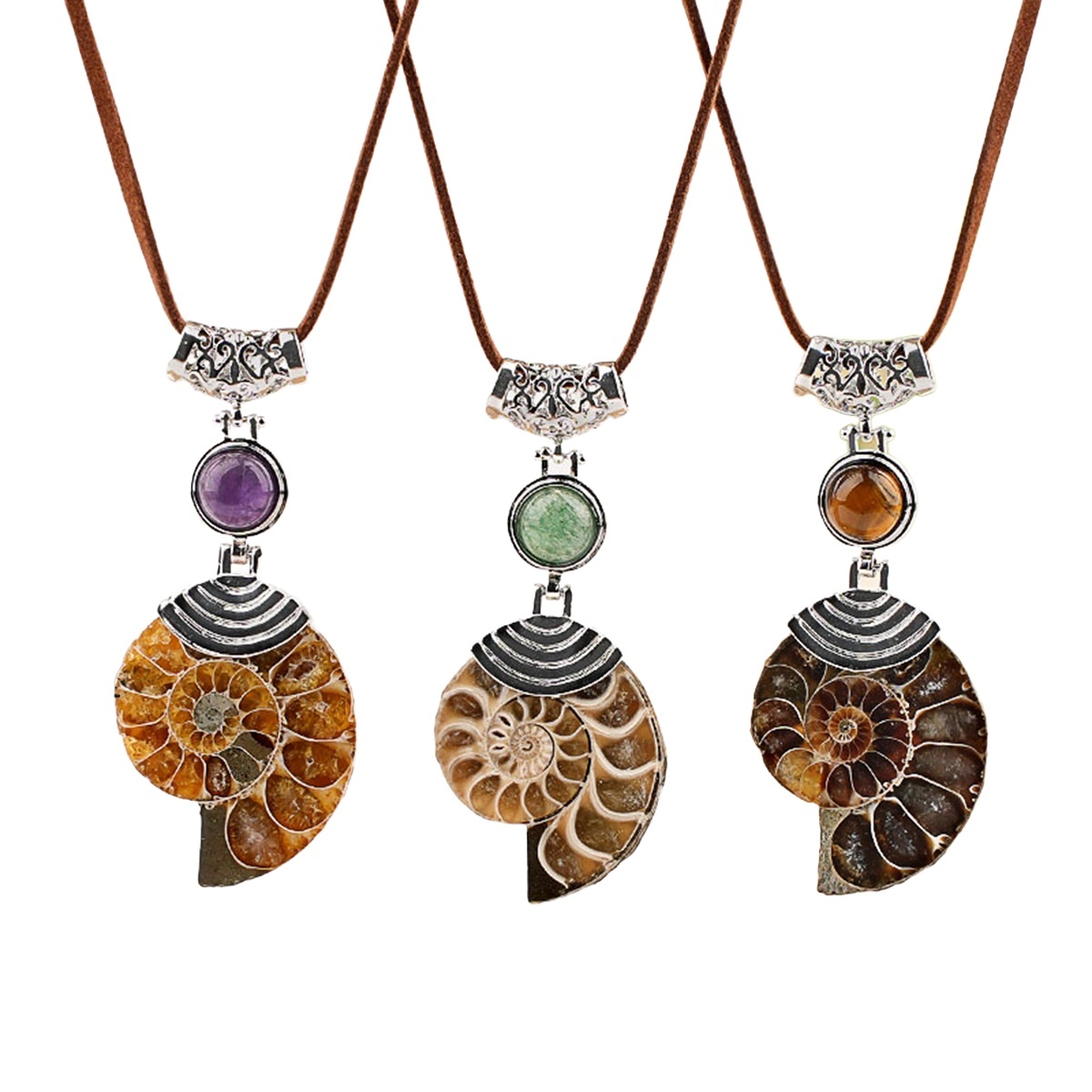 Ammonite Pendant with 8MM Gemstone Cabs for Making Jewelry