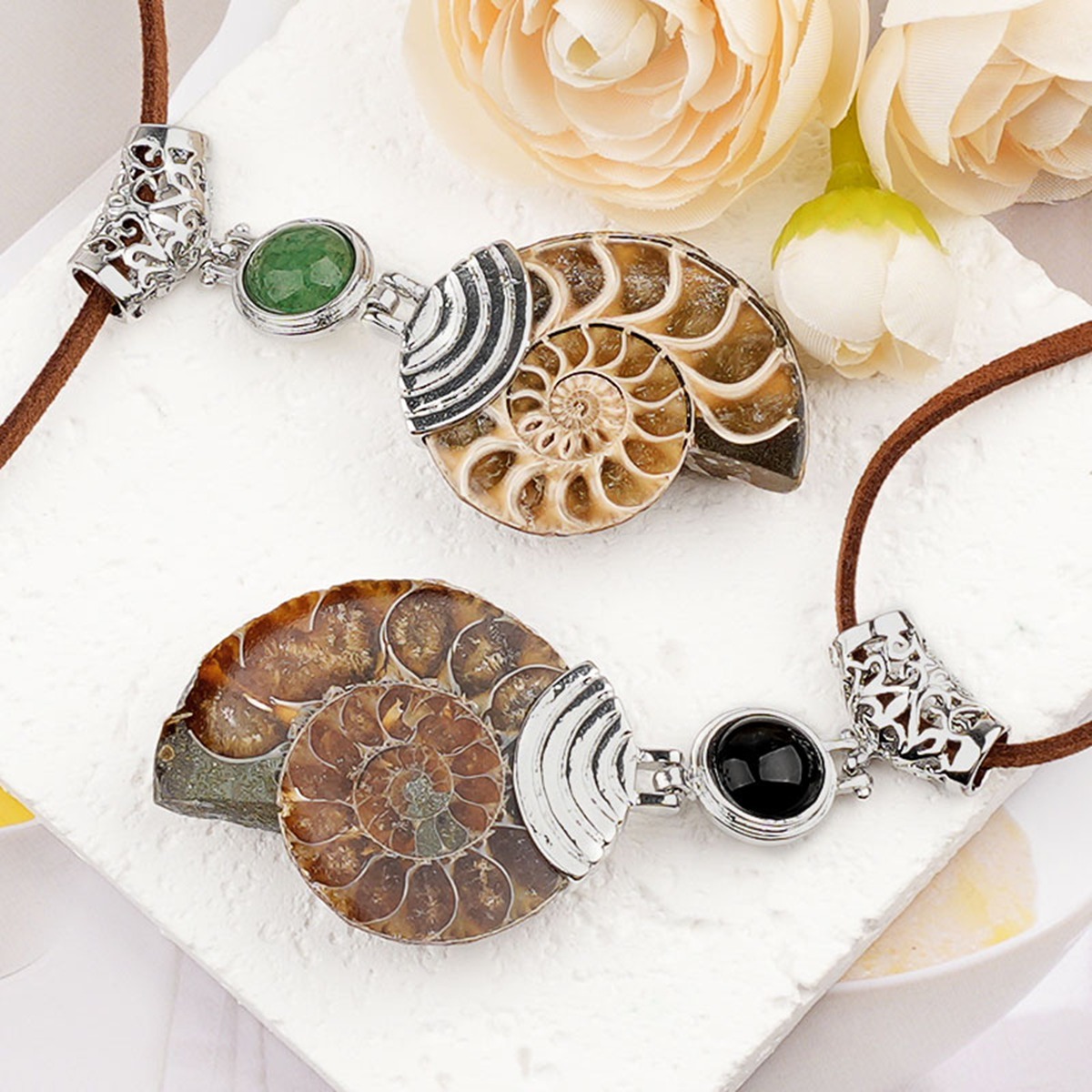 Ammonite Pendant with 8MM Gemstone Cabs for Making Jewelry