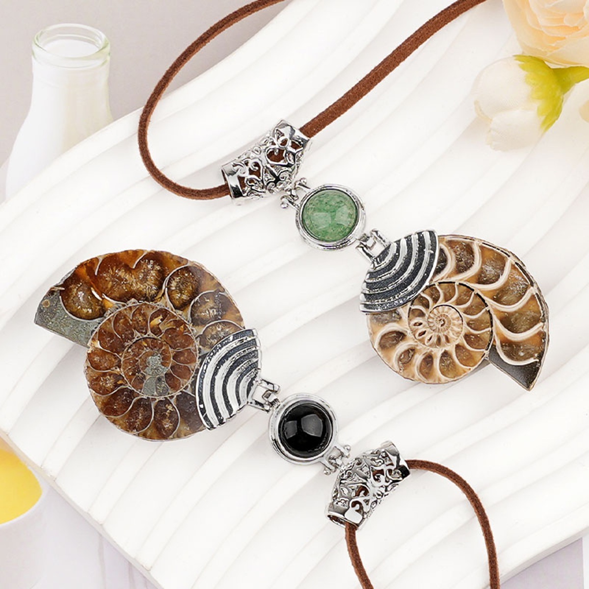Ammonite Pendant with 8MM Gemstone Cabs for Making Jewelry