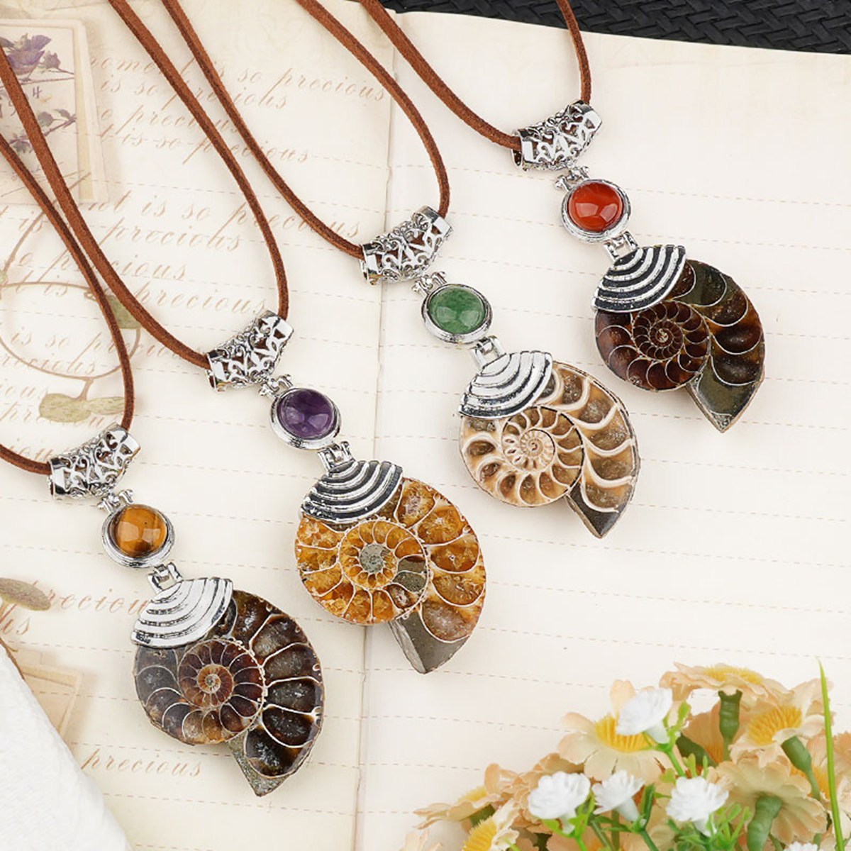 Ammonite Pendant with 8MM Gemstone Cabs for Making Jewelry
