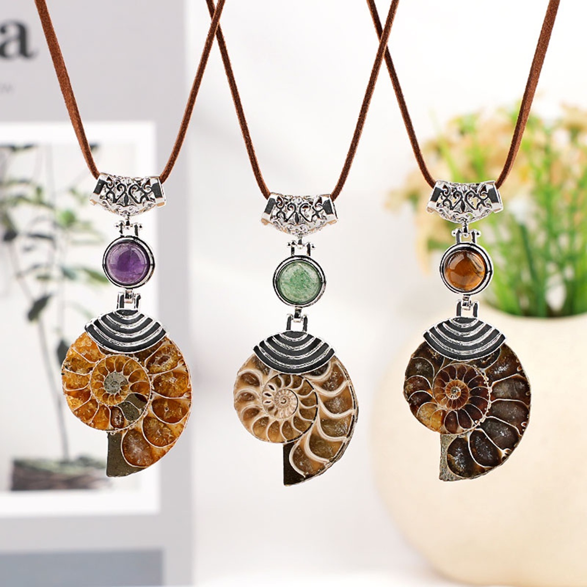 Ammonite Pendant with 8MM Gemstone Cabs for Making Jewelry