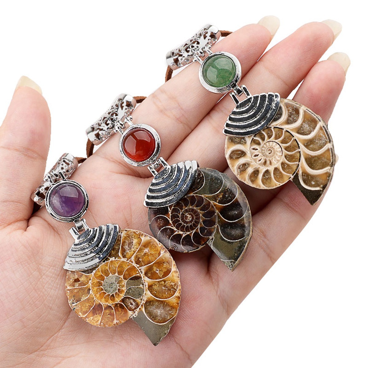 Ammonite Pendant with 8MM Gemstone Cabs for Making Jewelry