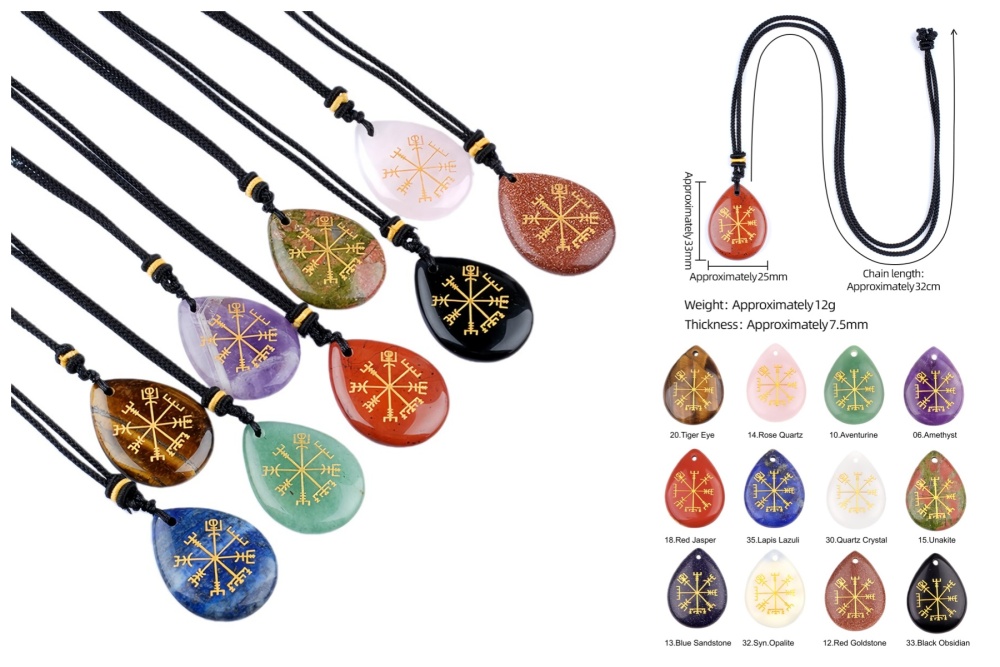 Gold Directional Sign & Aim Teardrop Gemstone Pendant Necklace Adjustable Black Rope