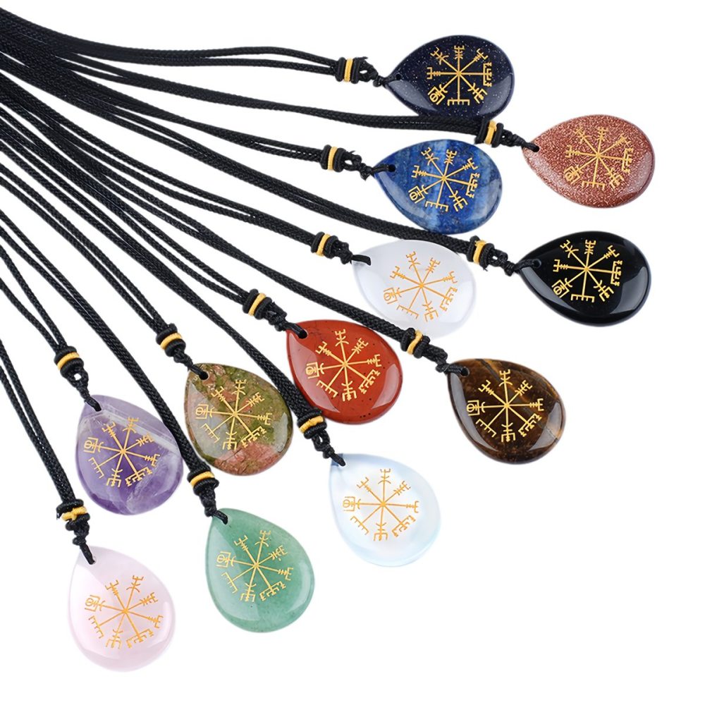 Gold Directional Sign & Aim Teardrop Gemstone Pendant Necklace Adjustable Black Rope