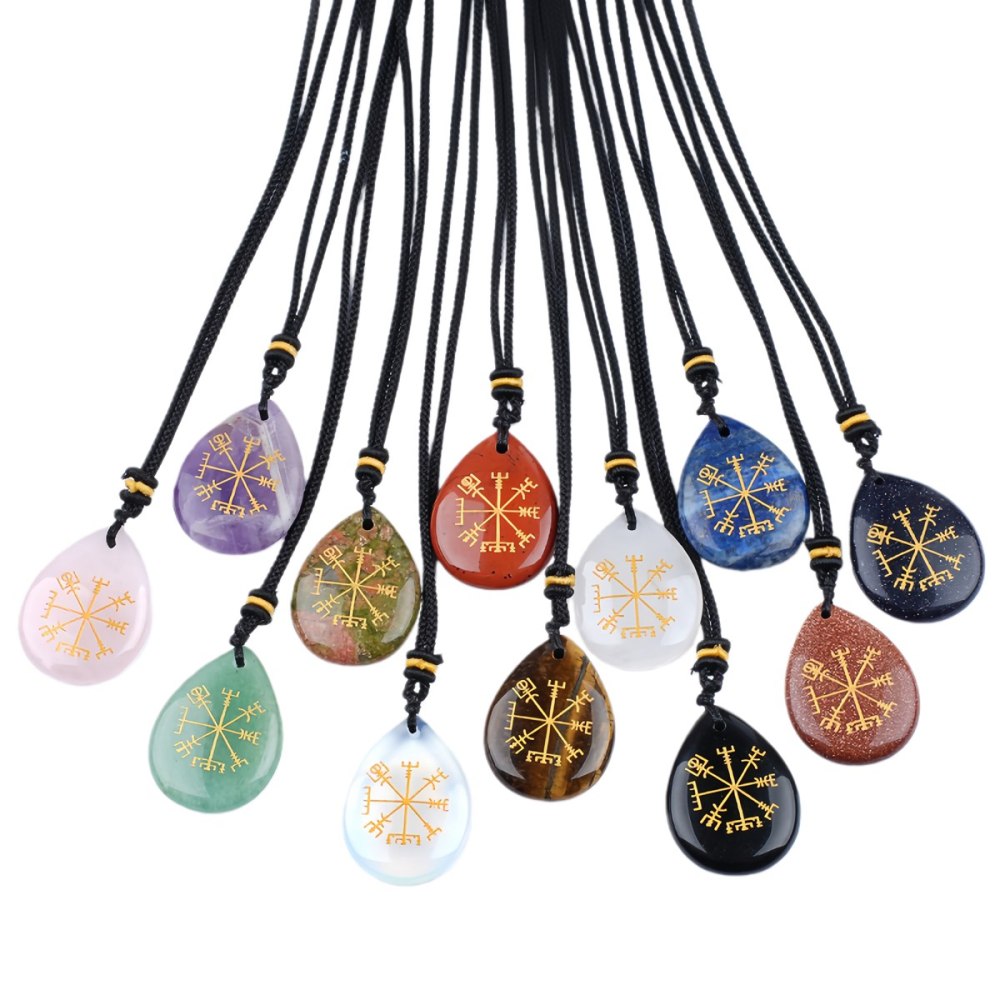 Gold Directional Sign & Aim Teardrop Gemstone Pendant Necklace Adjustable Black Rope