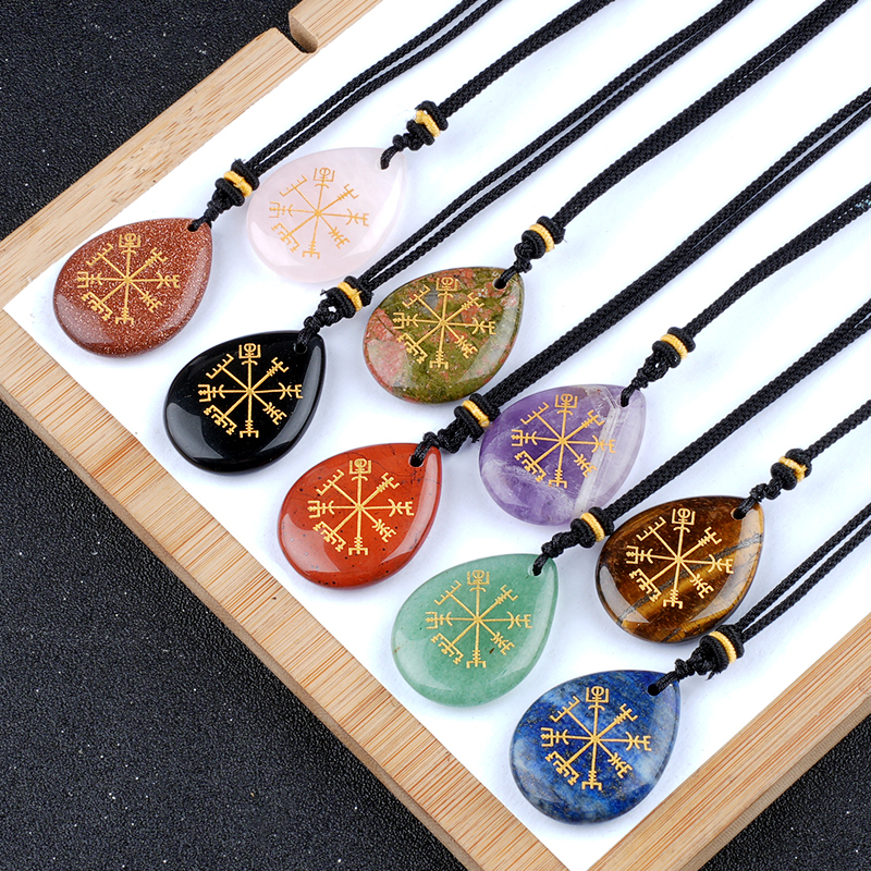 Gold Directional Sign & Aim Teardrop Gemstone Pendant Necklace Adjustable Black Rope