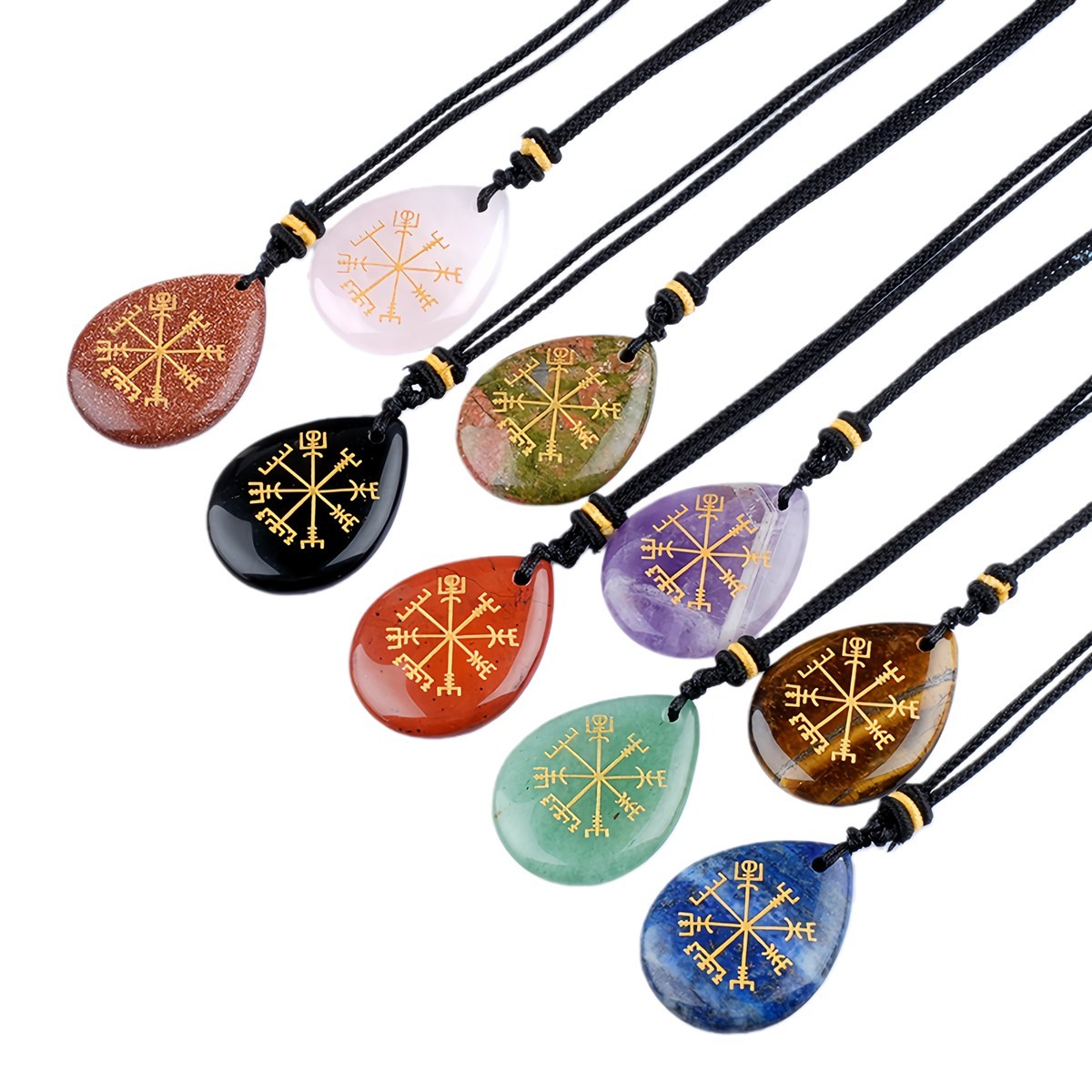 Gold Directional Sign & Aim Teardrop Gemstone Pendant Necklace Adjustable Black Rope
