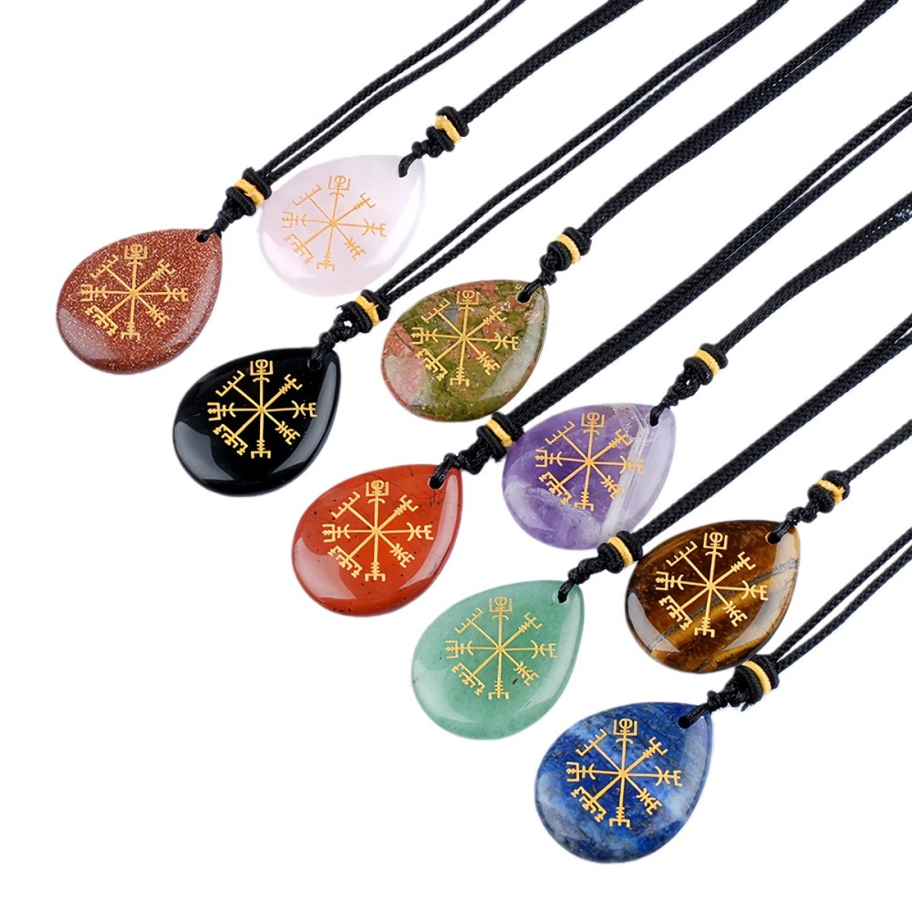 Gold Directional Sign & Aim Teardrop Gemstone Pendant Necklace Adjustable Black Rope