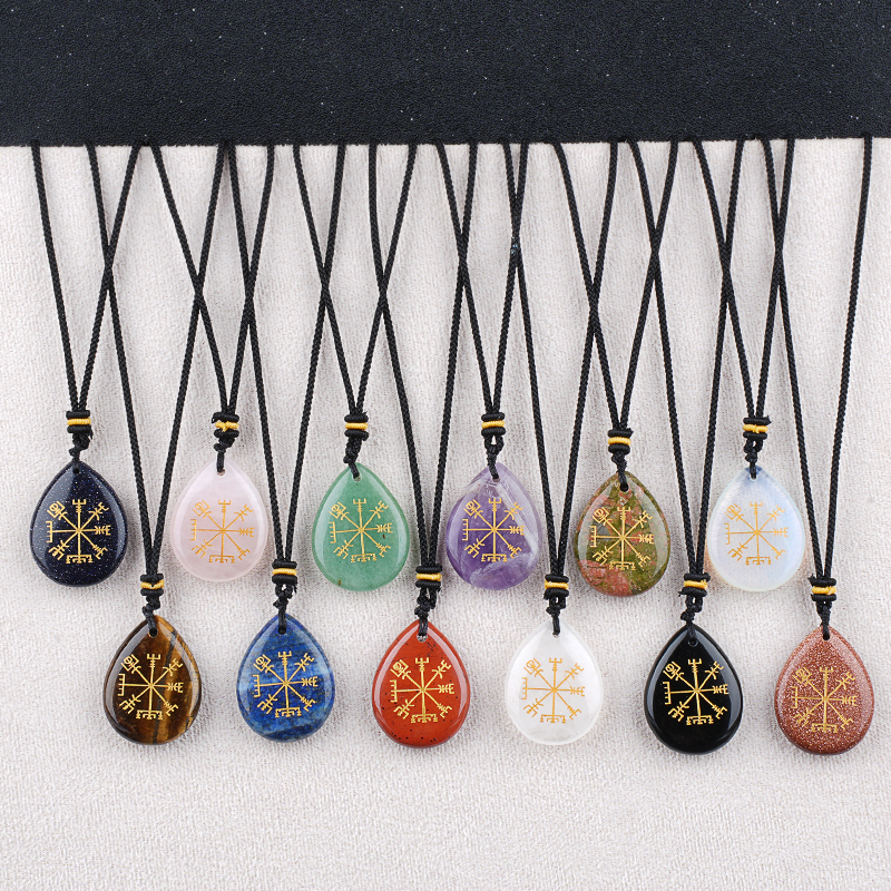 Gold Directional Sign & Aim Teardrop Gemstone Pendant Necklace Adjustable Black Rope