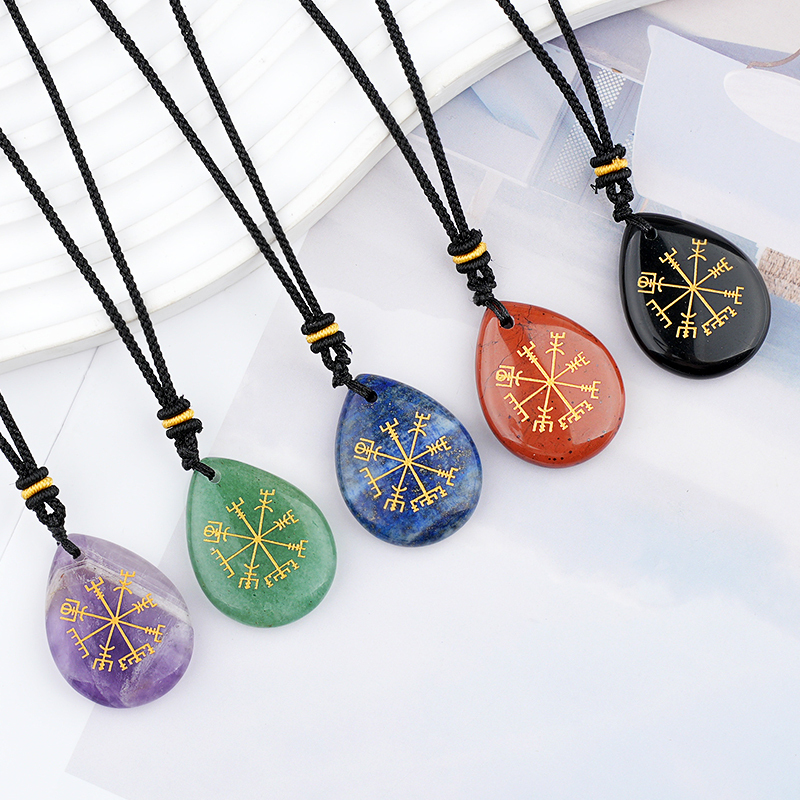 Gold Directional Sign & Aim Teardrop Gemstone Pendant Necklace Adjustable Black Rope