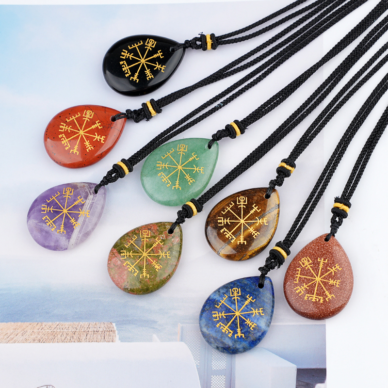Gold Directional Sign & Aim Teardrop Gemstone Pendant Necklace Adjustable Black Rope