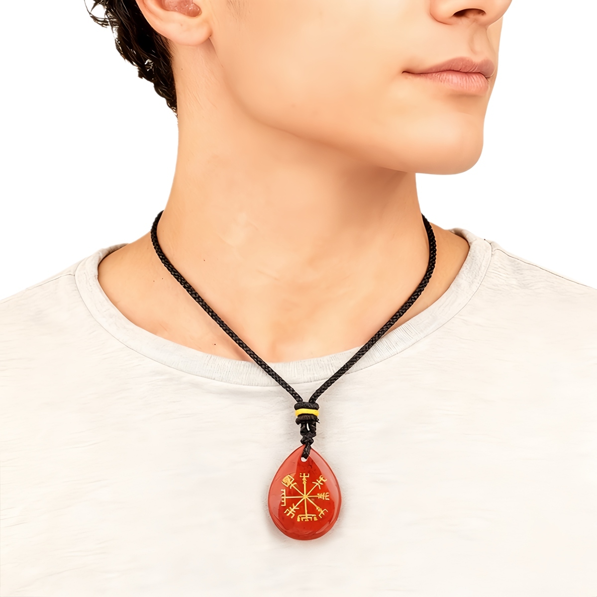 Gold Directional Sign & Aim Teardrop Gemstone Pendant Necklace Adjustable Black Rope