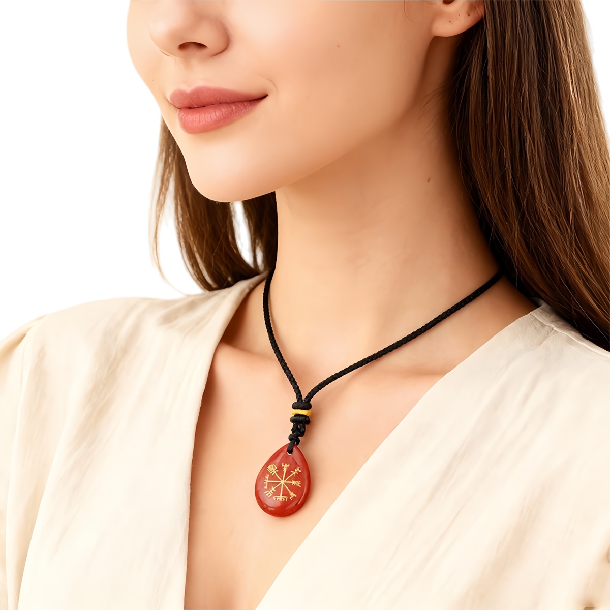 Gold Directional Sign & Aim Teardrop Gemstone Pendant Necklace Adjustable Black Rope