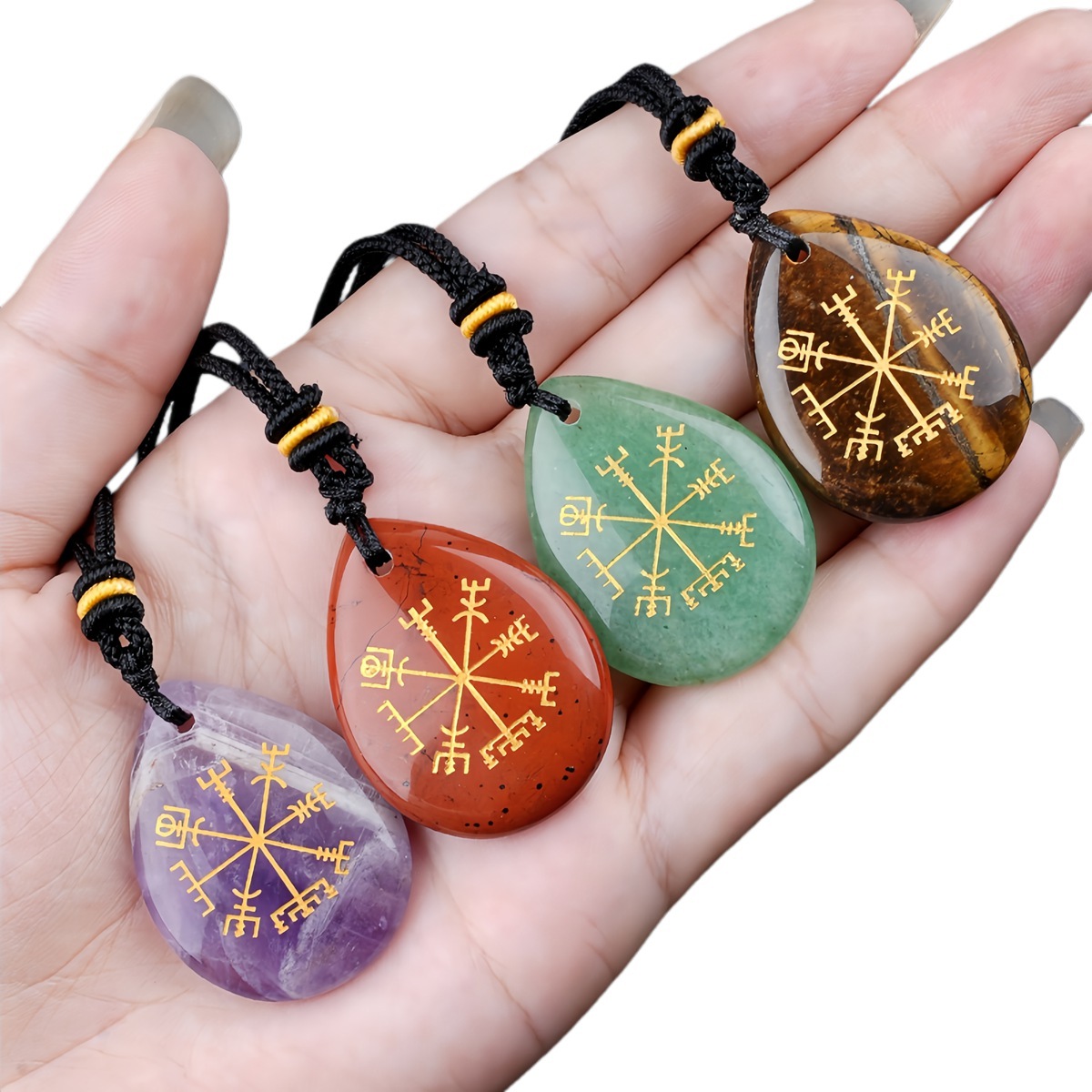 Gold Directional Sign & Aim Teardrop Gemstone Pendant Necklace Adjustable Black Rope