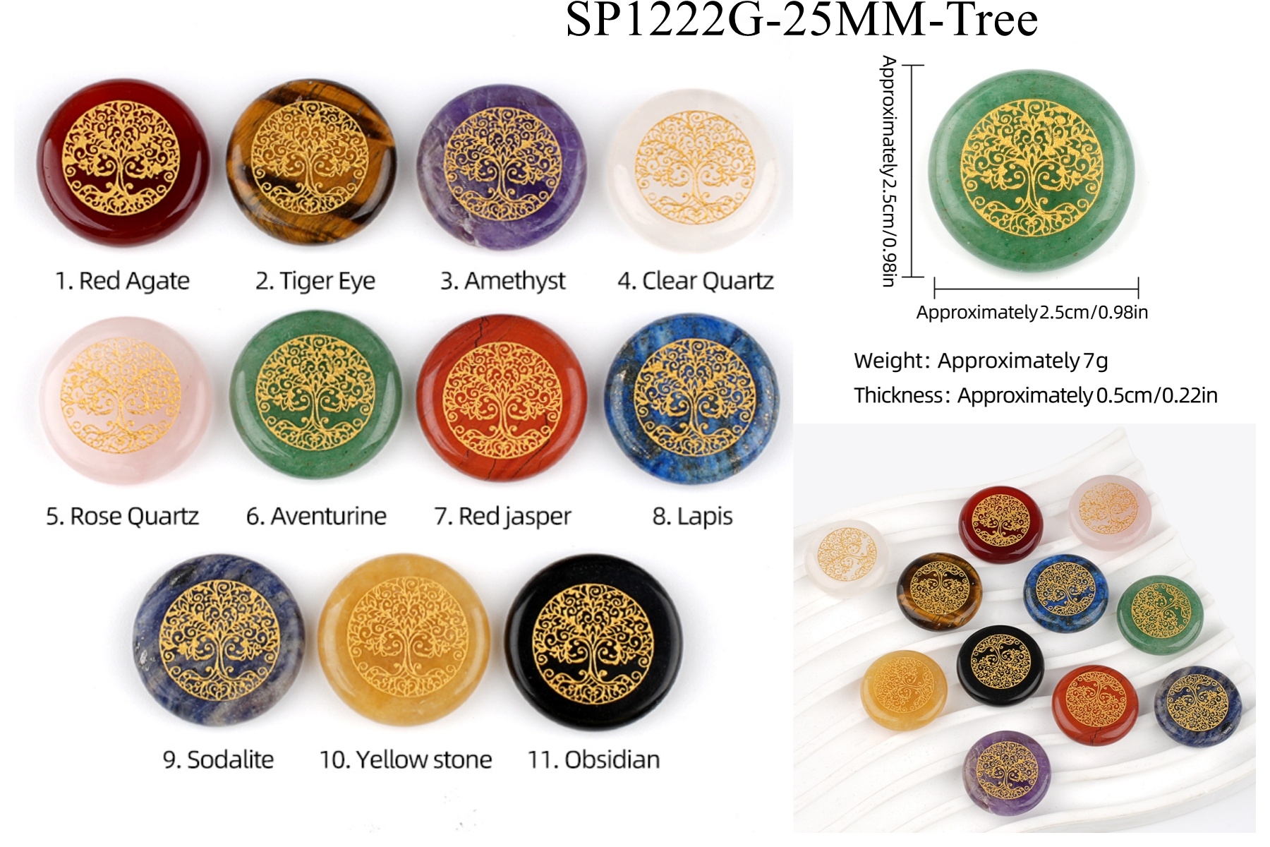Gemstone 25MM Circular Disc Ornament Handmade Craved Pattern-Life of Tree For Home Decor