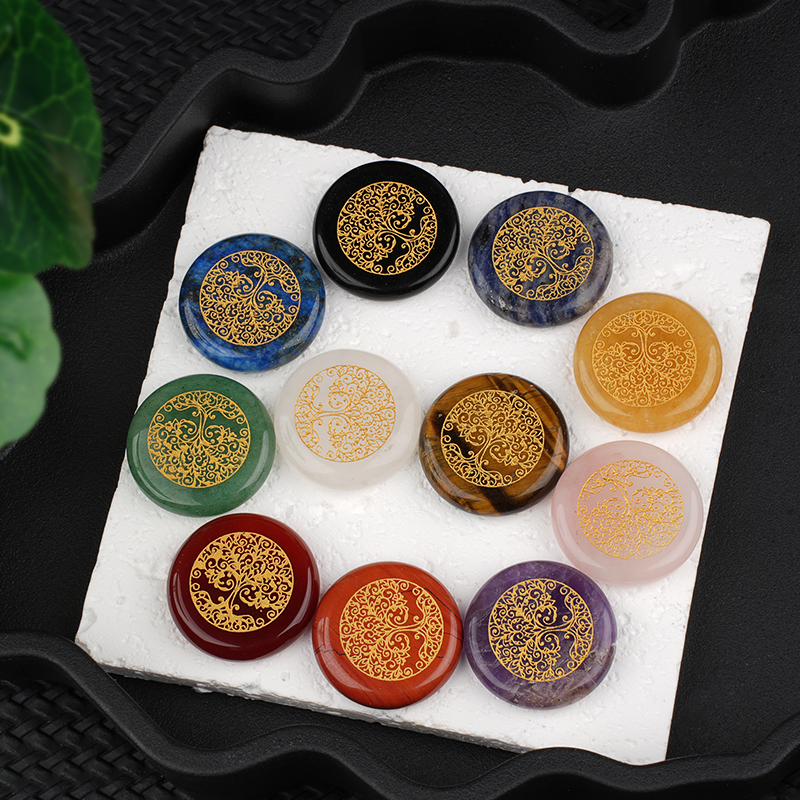 Gemstone 25MM Circular Disc Ornament Handmade Craved Pattern-Life of Tree For Home Decor