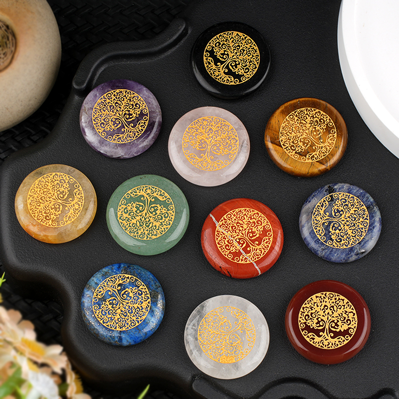 Gemstone 25MM Circular Disc Ornament Handmade Craved Pattern-Life of Tree For Home Decor