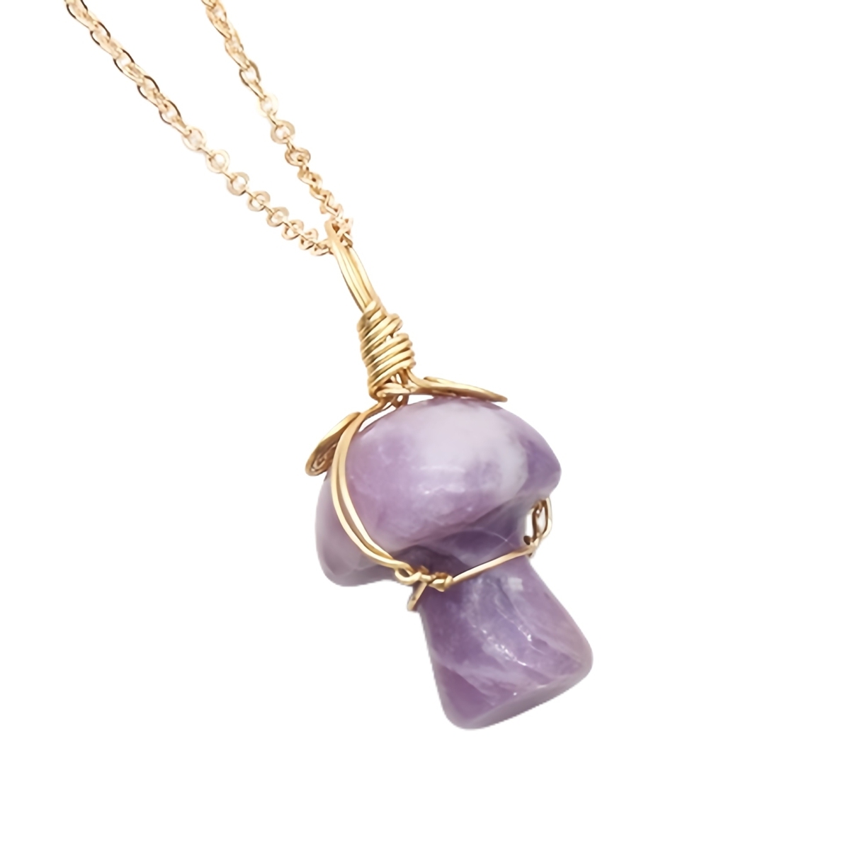 Gold Color Wire Wrapped Mushroom Pendant Necklace with Crystal Gemstone for Women Girls, Bohemian Nature Jewelry Gift